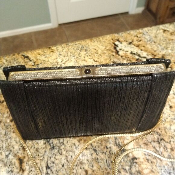 Rare ASHNEIL Black Shoulder Bag Clutch gold sparkle top purse Button Open EUC!! - Picture 1 of 16